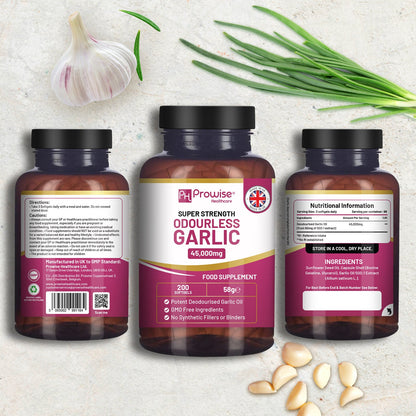Prowise Odourless Garlic 45,000mg Equivalent – 200 Softgels – bottle labels with garlic extract equivalent and gelatine ingredients