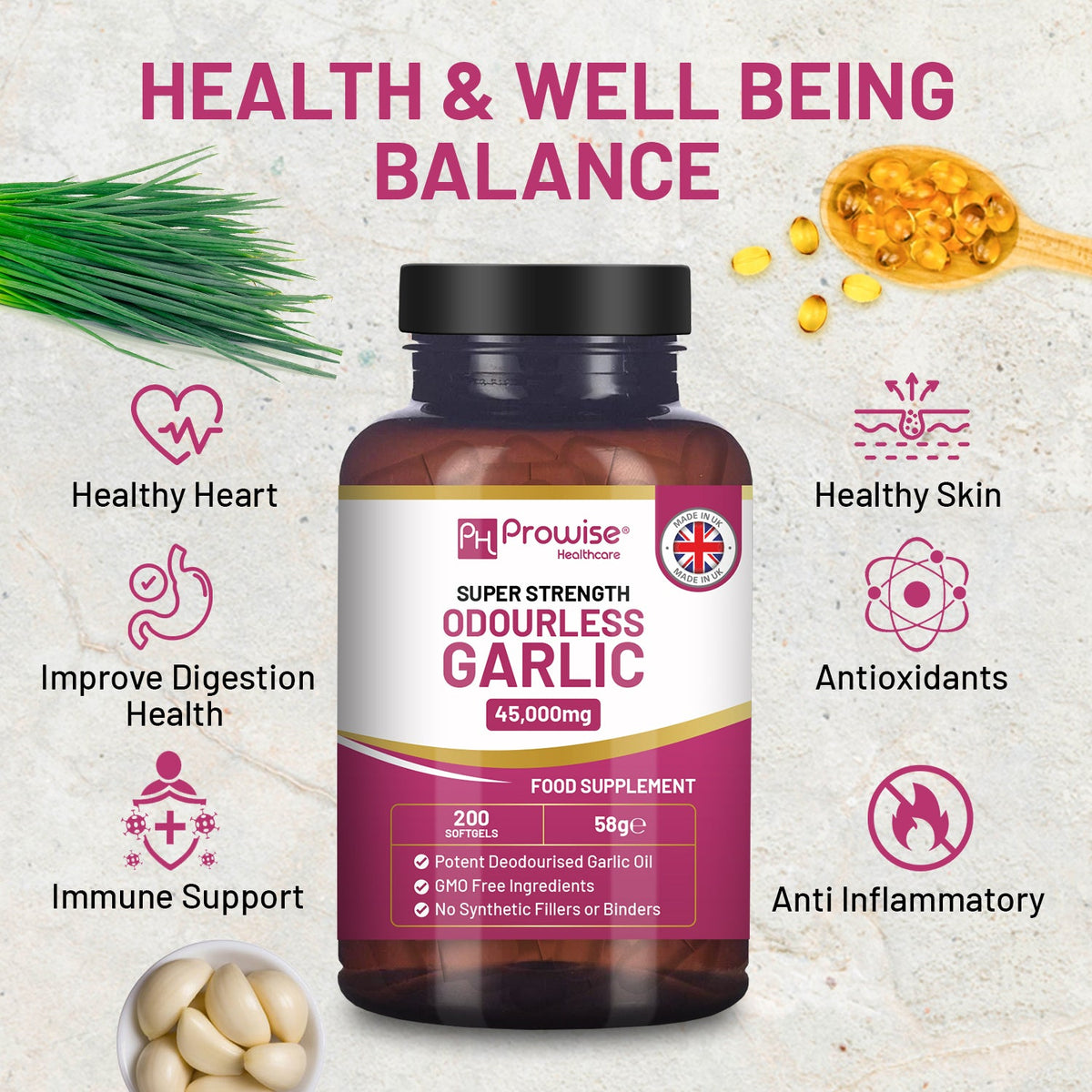 Prowise Odourless Garlic 45,000mg Equivalent – 200 Softgels – garlic formula infographic