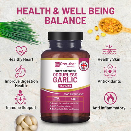 Prowise Odourless Garlic 45,000mg Equivalent – 200 Softgels – garlic formula infographic