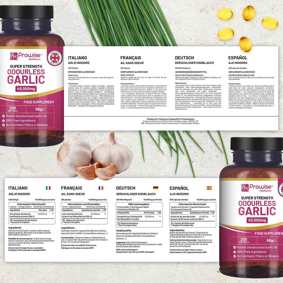 Prowise Odourless Garlic 45,000mg Equivalent – 200 Softgels – multilingual ingredient and serving panels