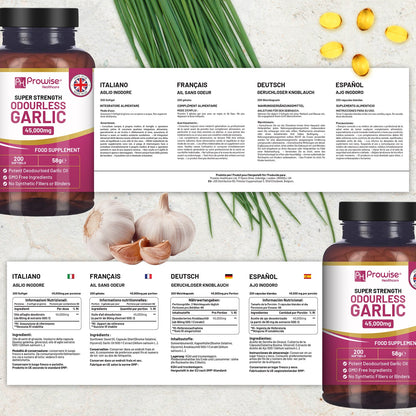 Prowise Odourless Garlic 45,000mg Equivalent – 200 Softgels – multilingual ingredient and serving panels