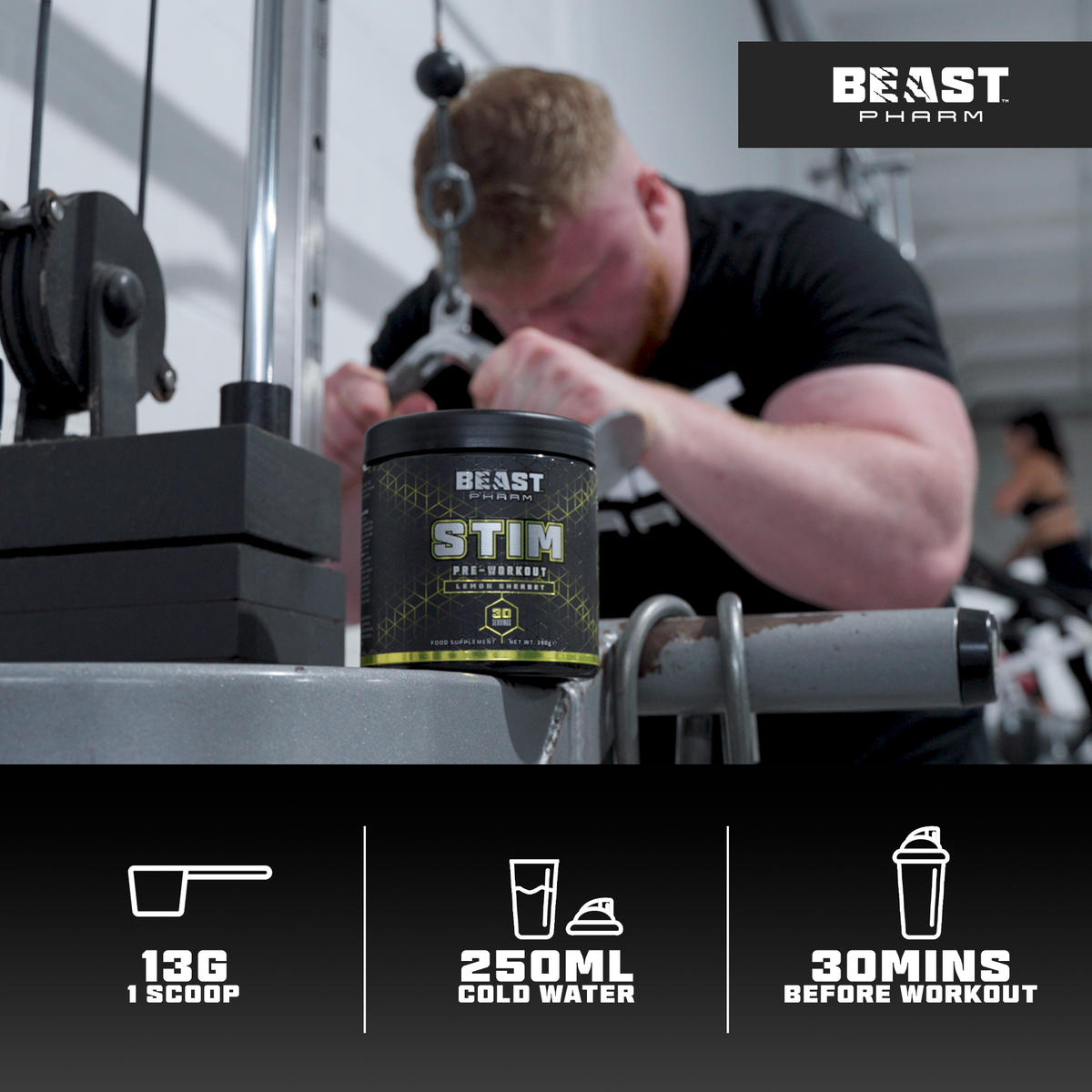 Beast Pharm Stim supplement container with a person working out in the background