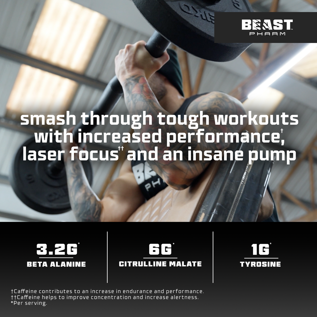 Person lifting weights with Beast Pharm supplement advertisement text overlay