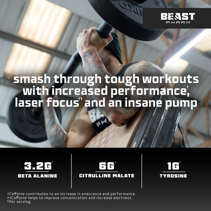 Person lifting weights with Beast Pharm supplement advertisement text overlay