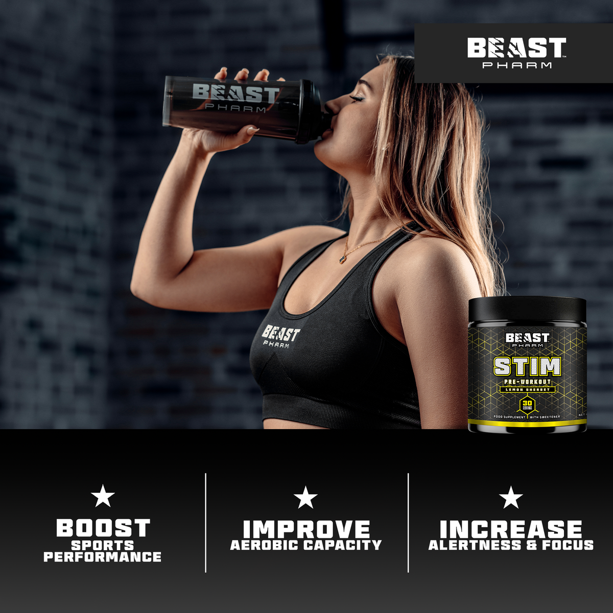 Woman drinking from a Beast Sports supplement bottle with product packaging and promotional text on a dark background.