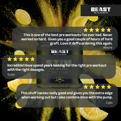 Beast Pharm pre-workout supplement with customer reviews and lemon slices on a dark background