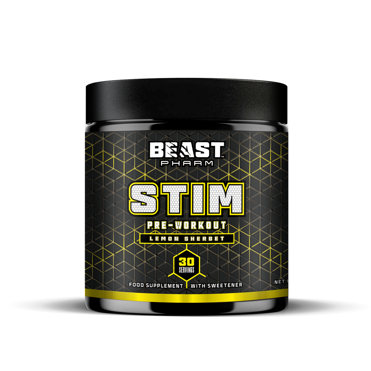 Beast Pharm Stim pre-workout supplement container on a white background