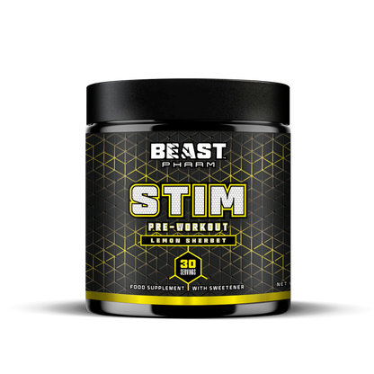 Beast Pharm Stim pre-workout supplement container on a white background