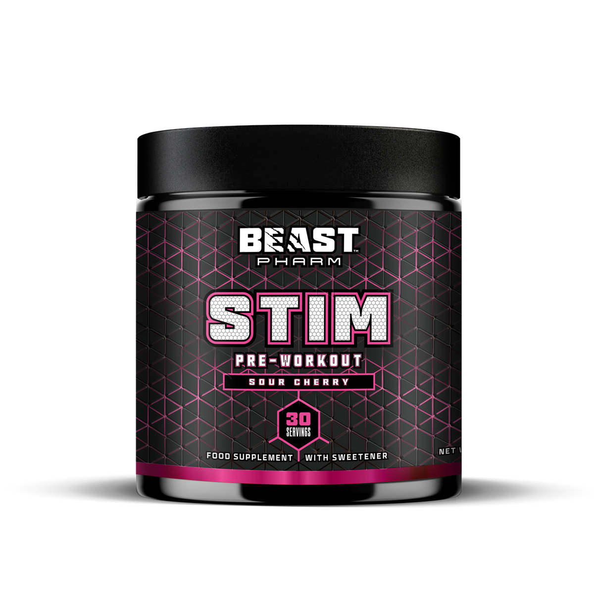 Beast Pharm Stim pre-workout supplement container on a white background