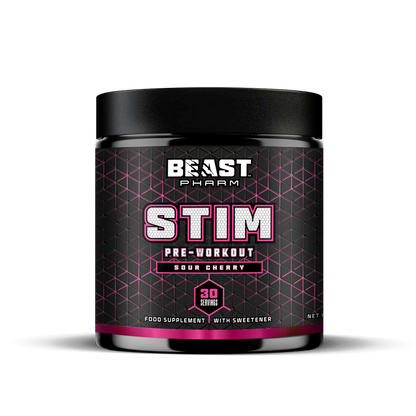 Beast Pharm Stim pre-workout supplement container on a white background
