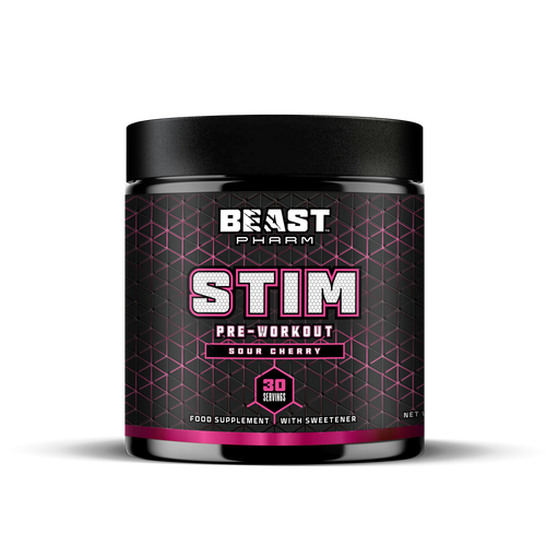 Beast Pharm Stim pre-workout supplement container on a white background