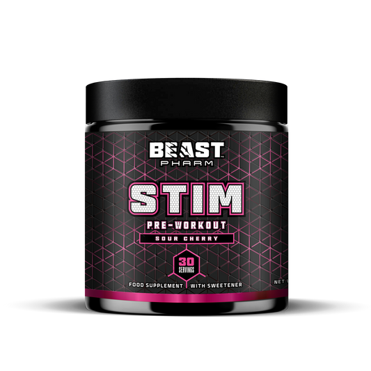 Beast Pharm Stim pre-workout supplement container on a white background