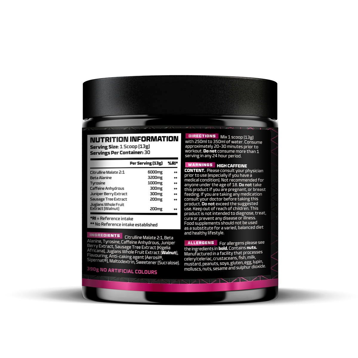 Supplement container with nutrition information label on a white background