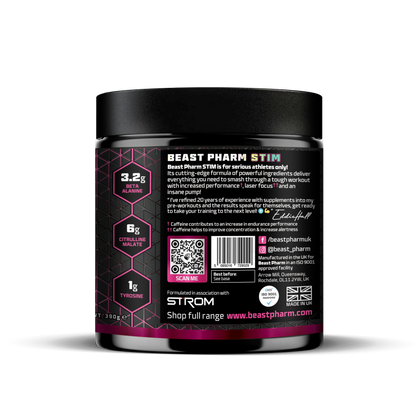 Beast Pharm Stim supplement container with label on a white background