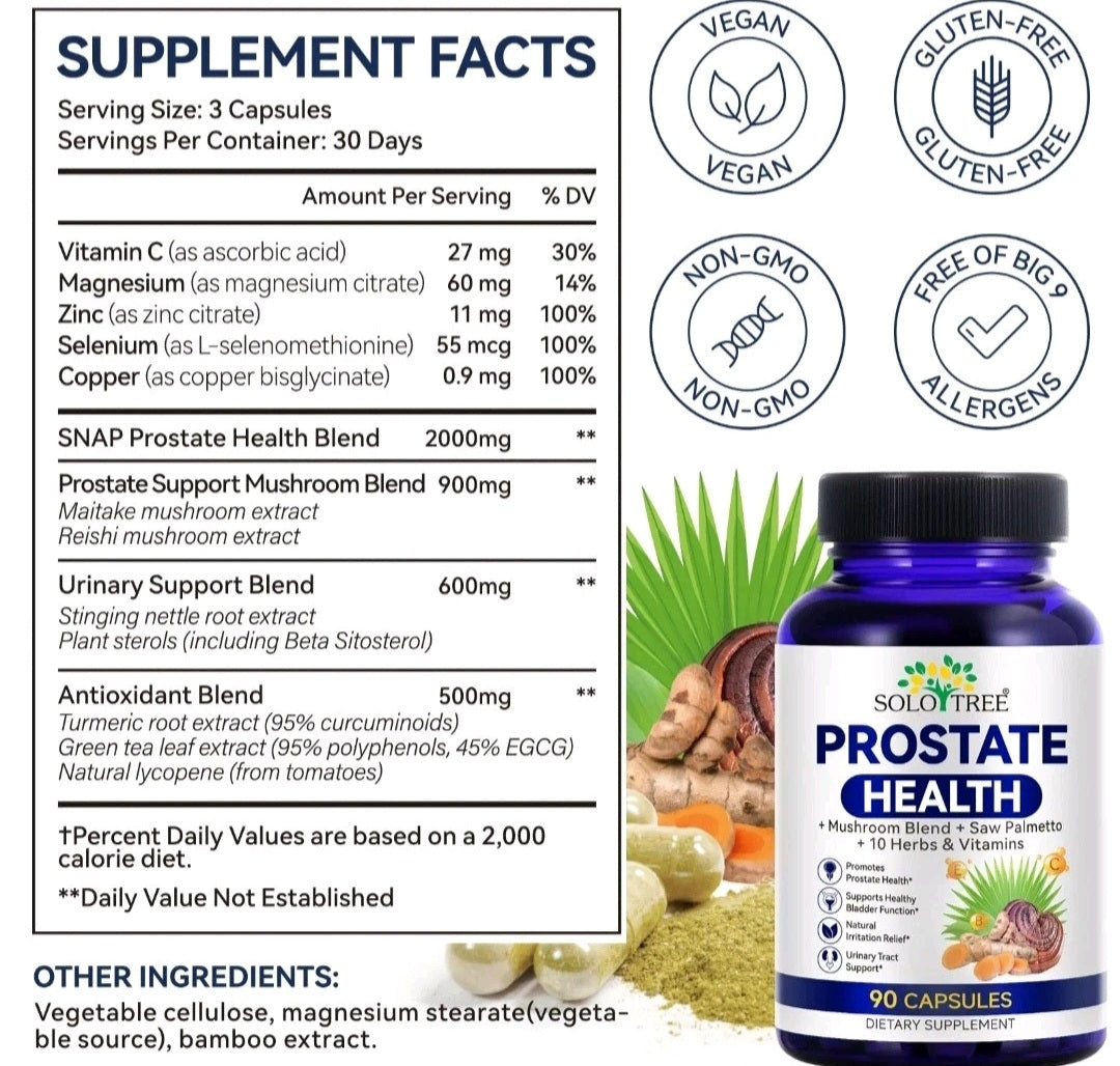Supplement facts panel showing prostate support blend, urinary support blend, antioxidants, vitamins and minerals