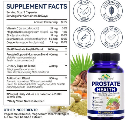 Supplement facts panel showing prostate support blend, urinary support blend, antioxidants, vitamins and minerals