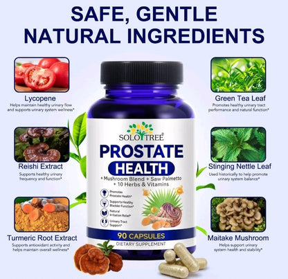 Supplement bottle labeled 'Prostate Health' with ingredients and benefits on a white background