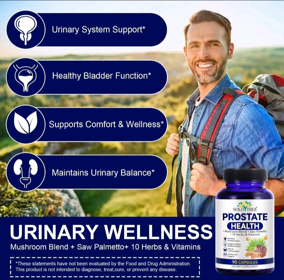 Man with hiking gear holding a supplement bottle with text about urinary system support and wellness.