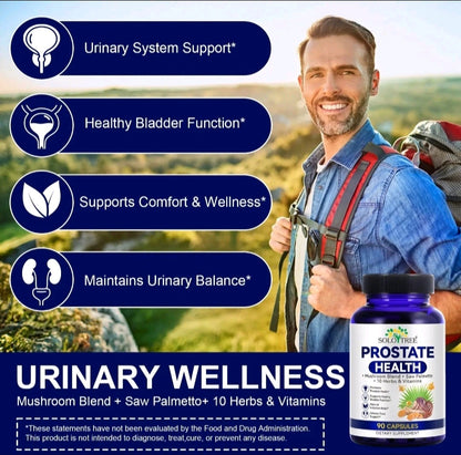 Man with hiking gear holding a supplement bottle with text about urinary system support and wellness.