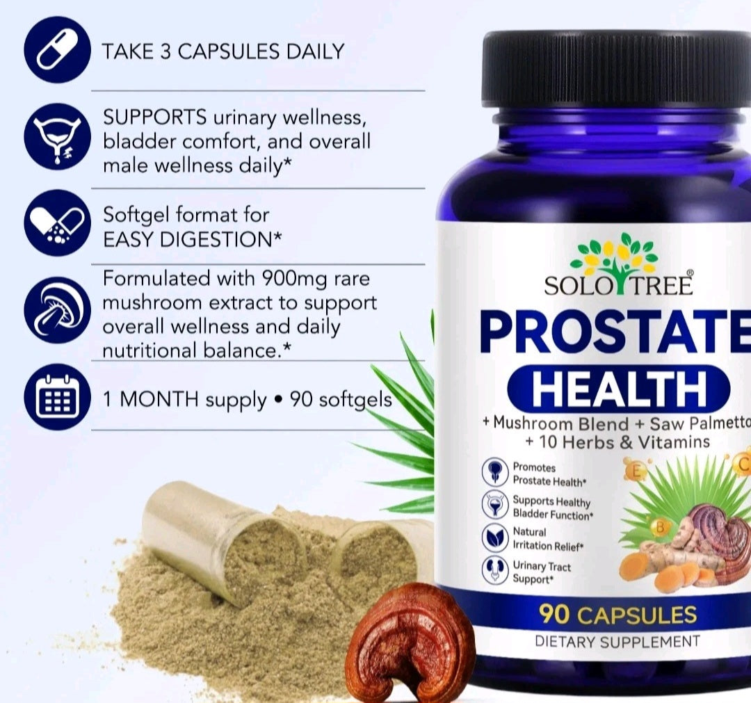 Supplement bottle labeled 'Prostate Health' with ingredients and benefits on a white background