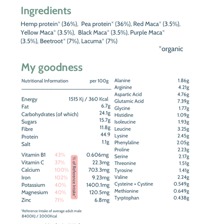 Marvellous Superfood Organic Super Protein Powder – ingredients and nutrition information