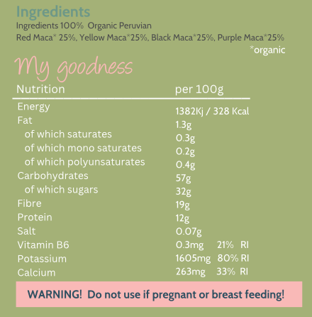Marvellous Superfood Organic Four Root Maca Powder – maca ingredients nutrition and warning