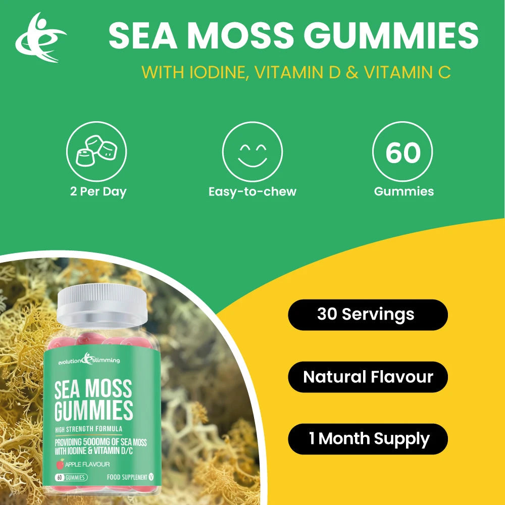 Sea Moss Gummies with Iodine, Vitamin C & D – Sea Moss Gummies with Iodine Vitamin C Vitamin D Anti Inflammatory Immunity Support Evolution Slimming infographic