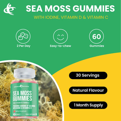 Sea Moss Gummies with Iodine, Vitamin C & D – Sea Moss Gummies with Iodine Vitamin C Vitamin D Anti Inflammatory Immunity Support Evolution Slimming infographic