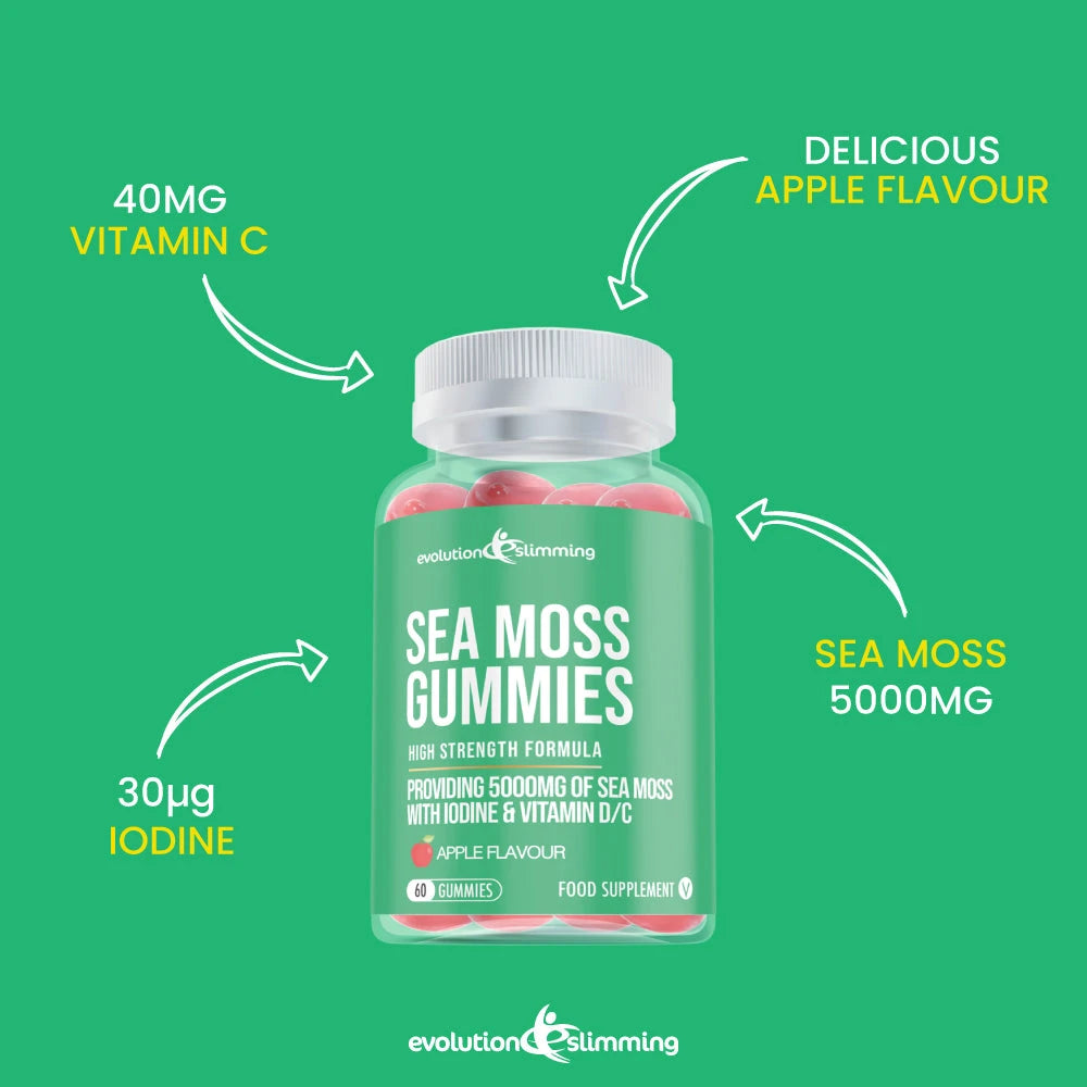 Sea Moss Gummies with Iodine, Vitamin C & D – Sea Moss Gummies with Iodine Vitamin C Vitamin D Anti Inflammatory Immunity Support Evolution Slimming infographic