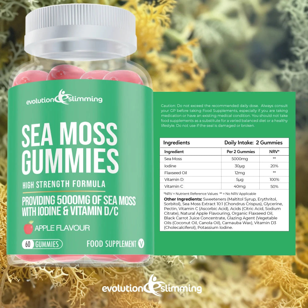 Sea Moss Gummies with Iodine, Vitamin C & D – Sea Moss Gummies with Iodine Vitamin C Vitamin D Anti Inflammatory Immunity Support Evolution Slimming infographic