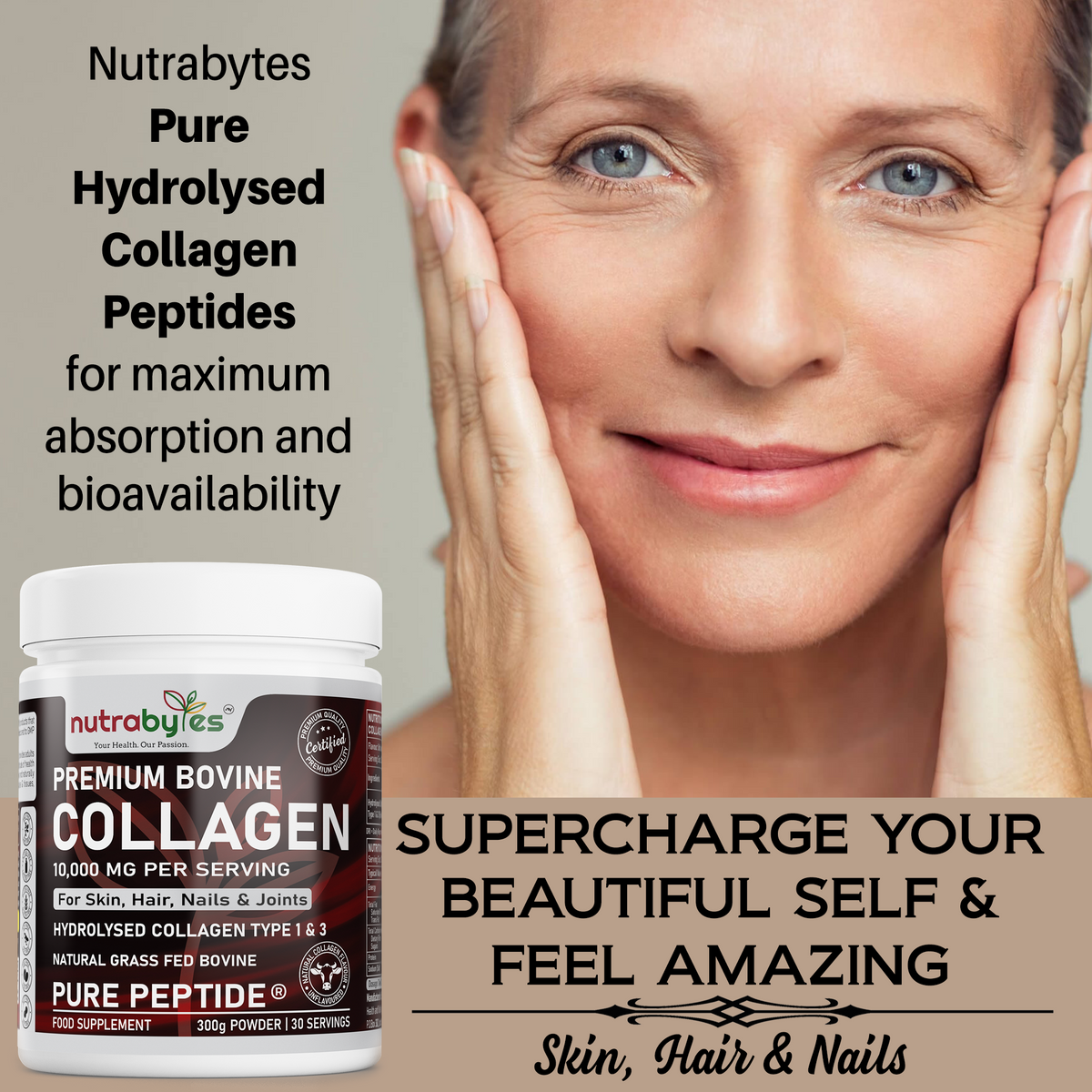 NUTRABYTES Bovine Collagen Powder 10,000mg – hair, skin and nails infographic