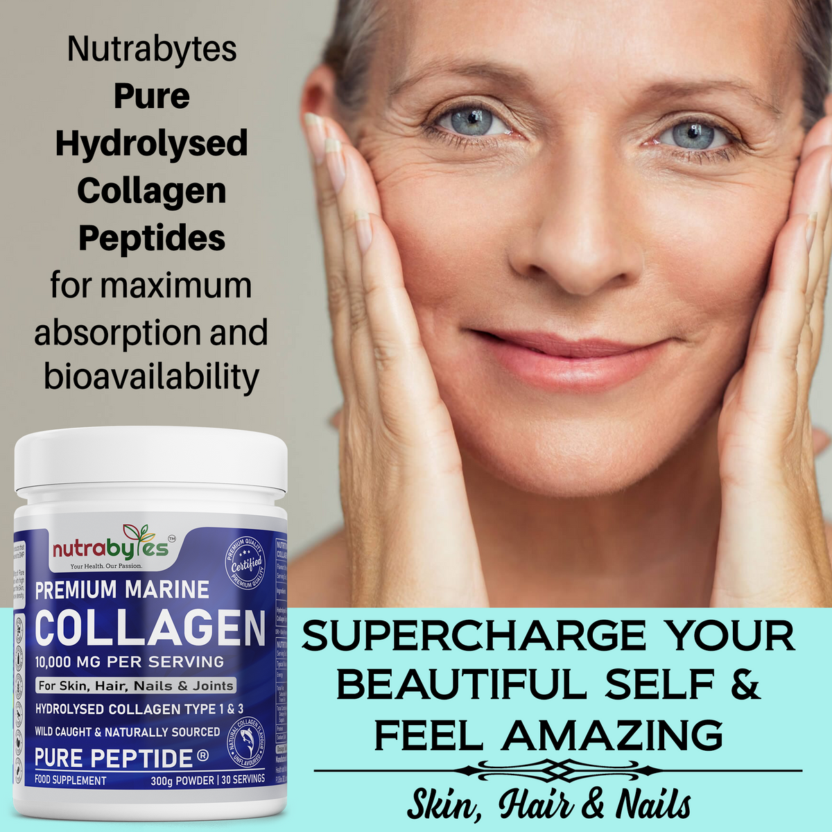 NUTRABYTES Marine Collagen Powder 10,000mg – Skin Hair Nails infographic