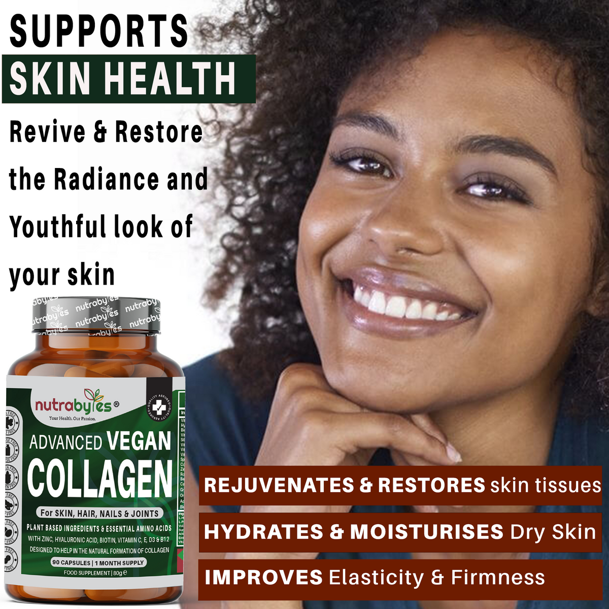 Advanced Vegan Collagen Support bottle beside a skin health graphic