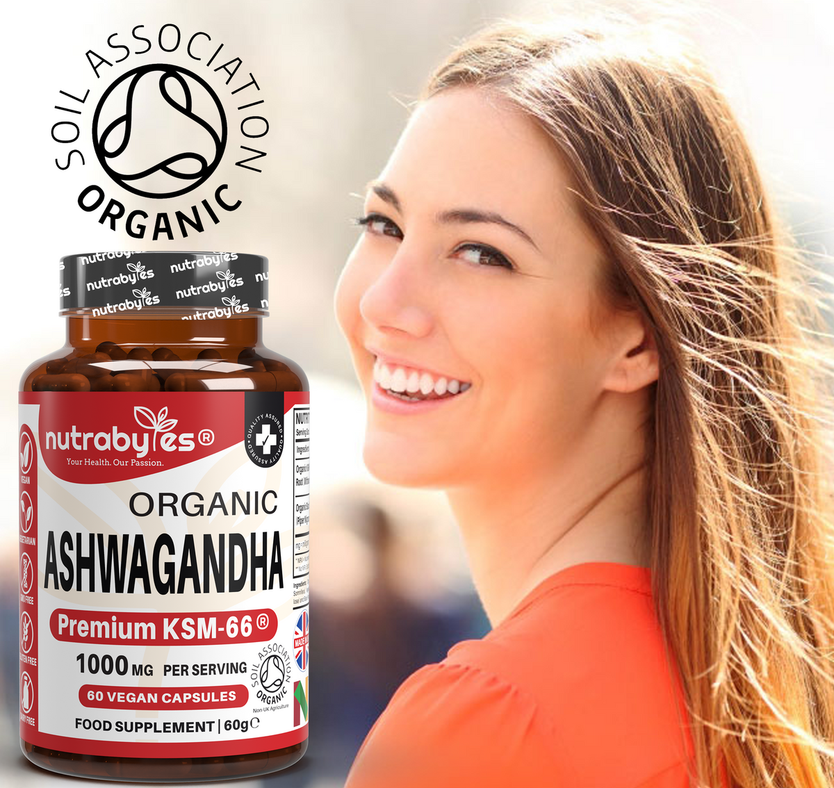 Organic Ashwagandha KSM-66® 1000mg per serving with Black Pepper – 60 Vegan Capsules | NUTRABYTES lifestyle photograph of a woman holding the supplement bottle
