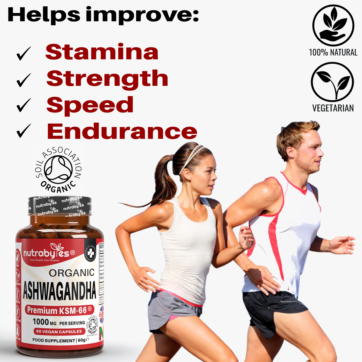 Organic Ashwagandha KSM-66® 1000mg per serving with Black Pepper – 60 Vegan Capsules | NUTRABYTES – Stamina Strength Speed Endurance infographic