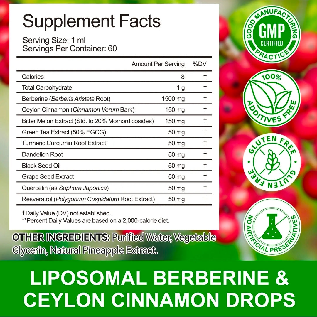Supplement facts label for liposomal berberine and ceylon cinnamon drops with green tea extract and other ingredients on a red berry background.