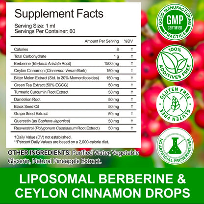 Supplement facts label for liposomal berberine and ceylon cinnamon drops with green tea extract and other ingredients on a red berry background.
