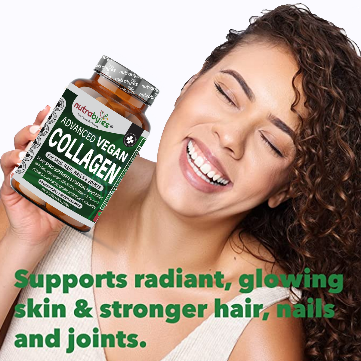Woman holding NUTRABYTES Advanced Vegan Collagen Support capsules