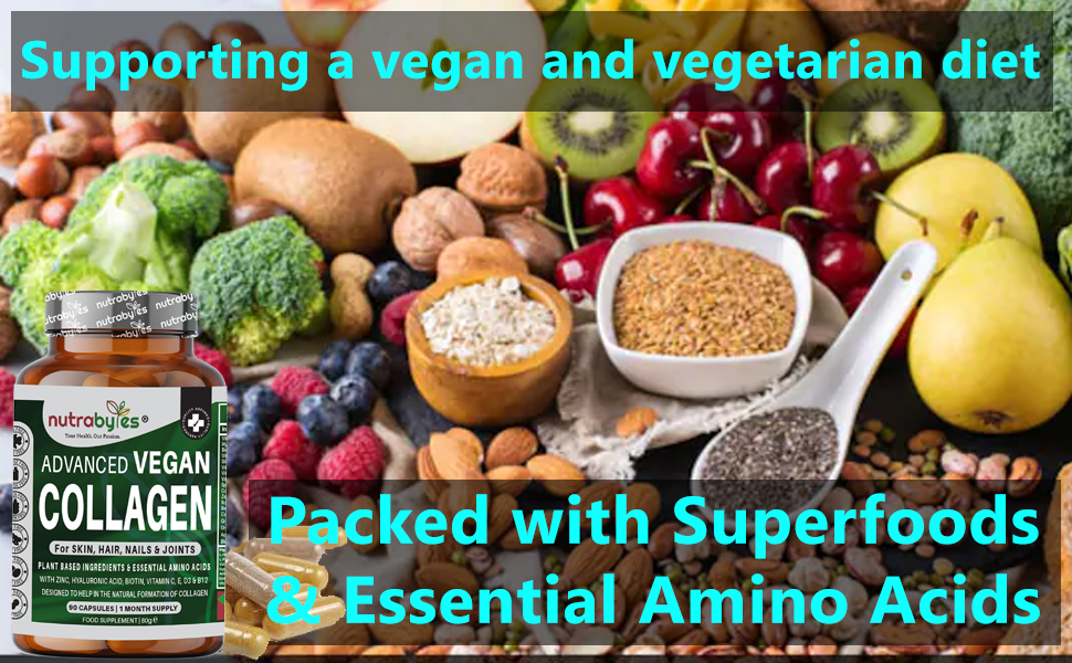 Superfoods and essential amino acids graphic for vegan collagen-support capsules