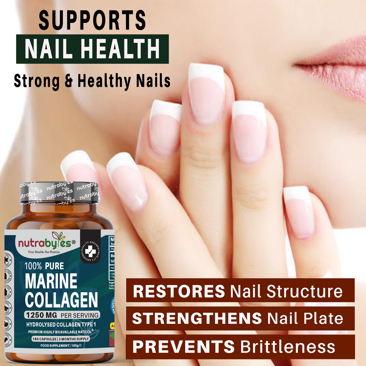 NUTRABYTES Pure Marine Collagen 1250mg – 180 Capsules – Supports Nail Health infographic
