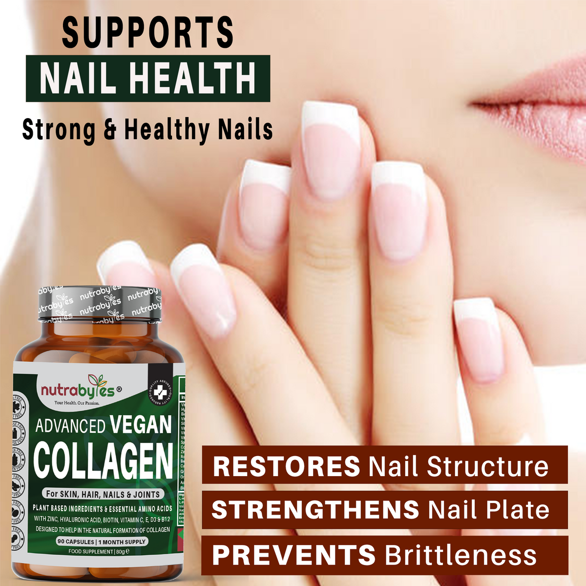 NUTRABYTES vegan collagen-support capsules with nail support graphic