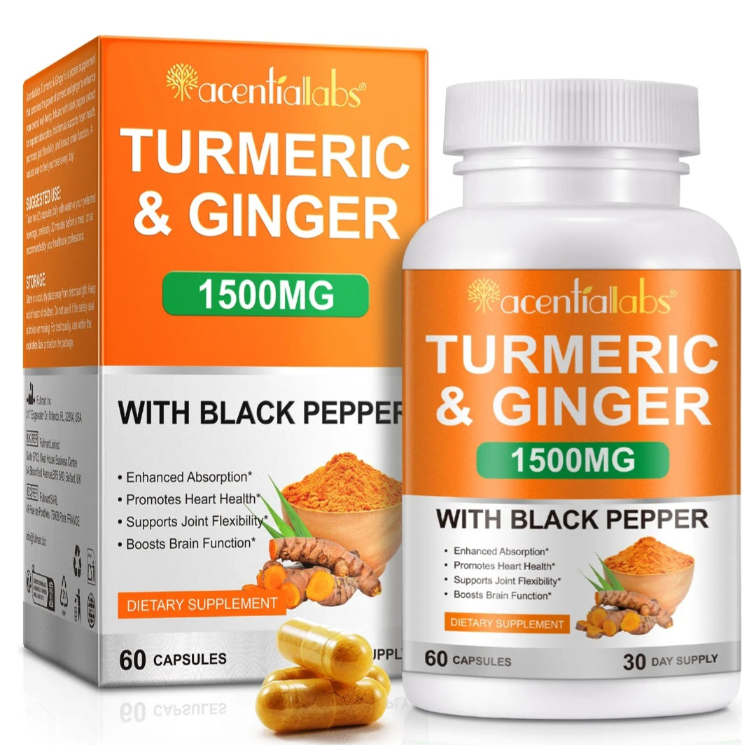 Turmeric and Ginger 1500mg capsules with black pepper extract for joint health, digestion and immune support