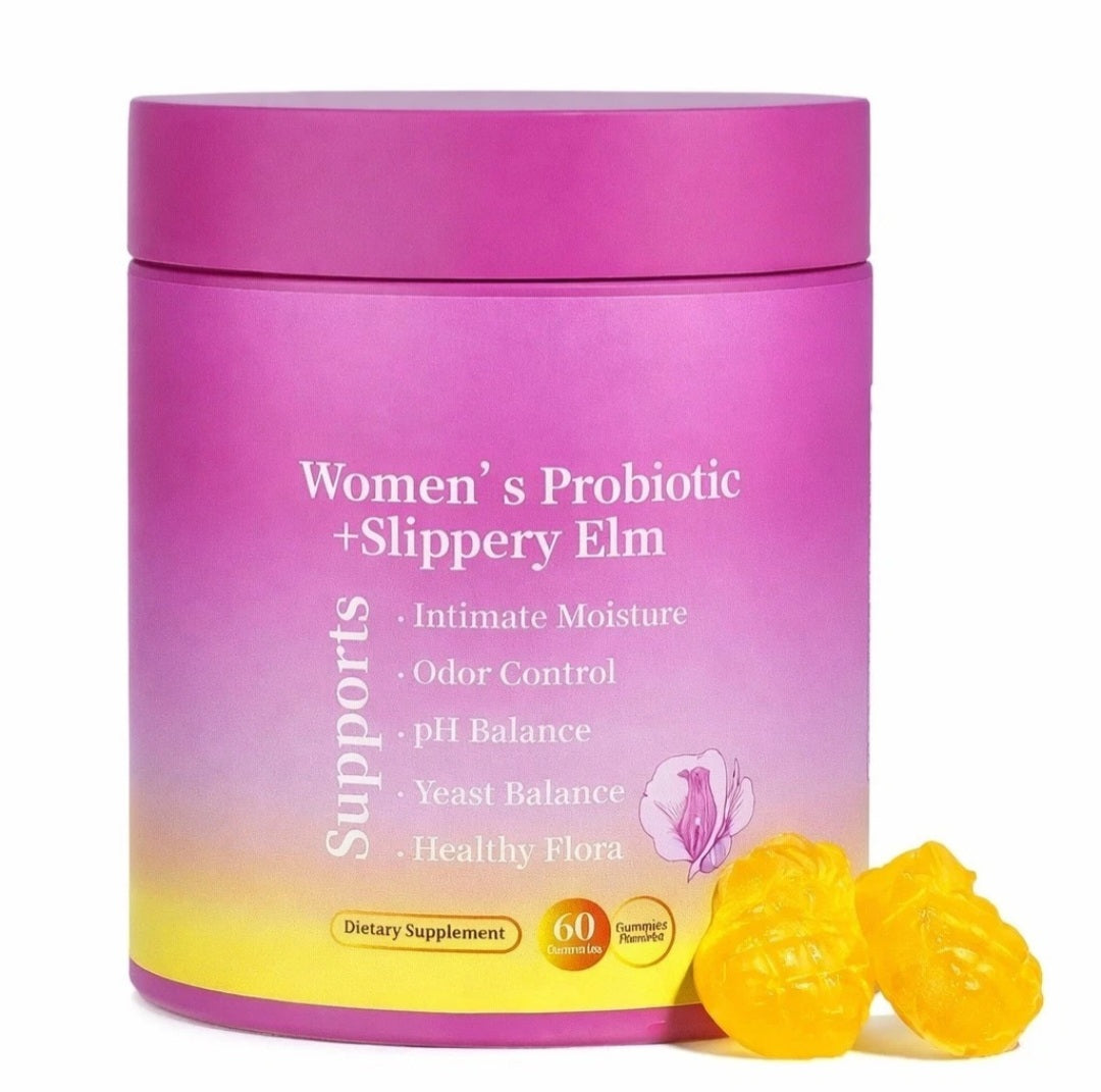 Pink container of Women's Probiotic + Slippery Elm with yellow supplement capsules on a white background