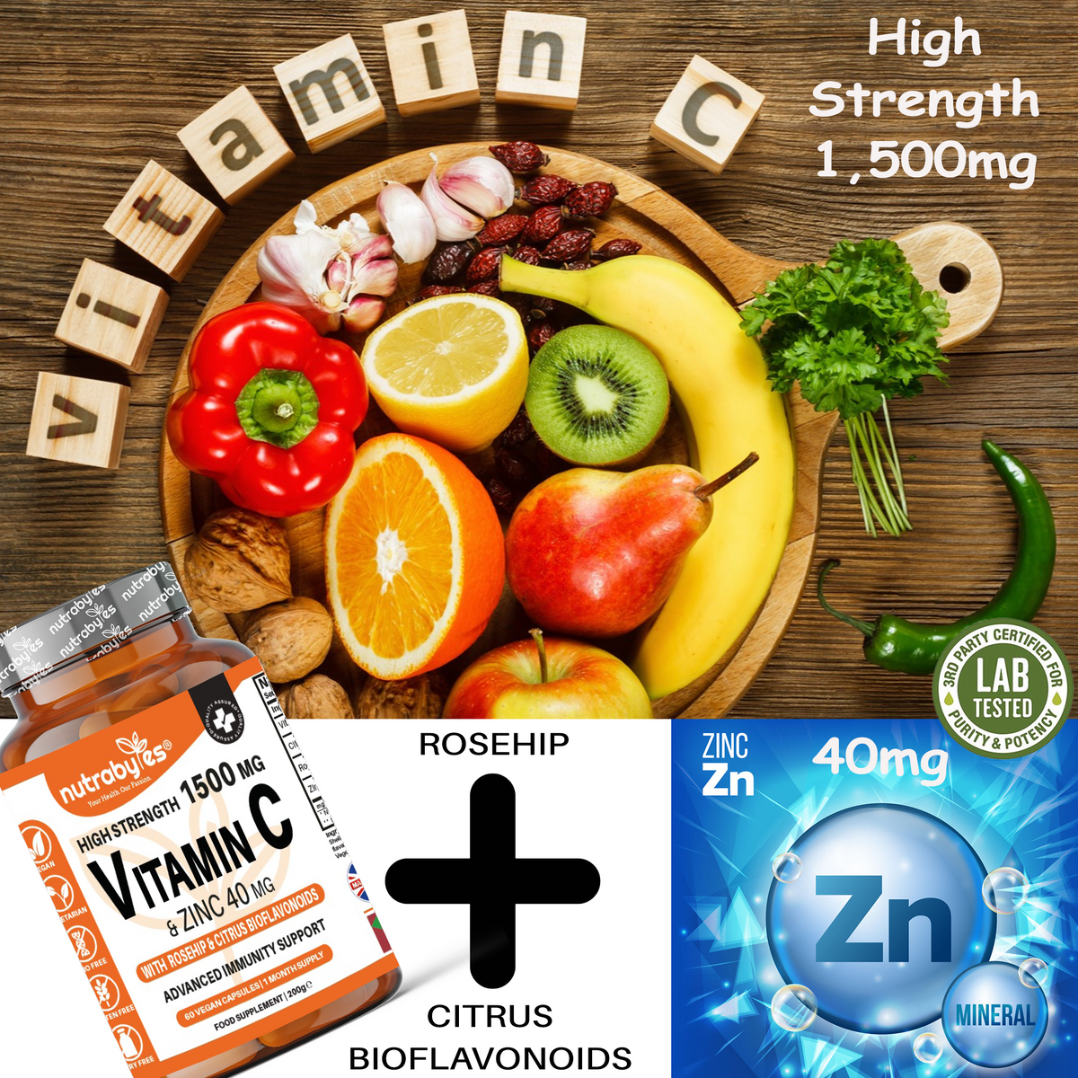 Vitamin C, zinc, rose hip and citrus bioflavonoids formula infographic
