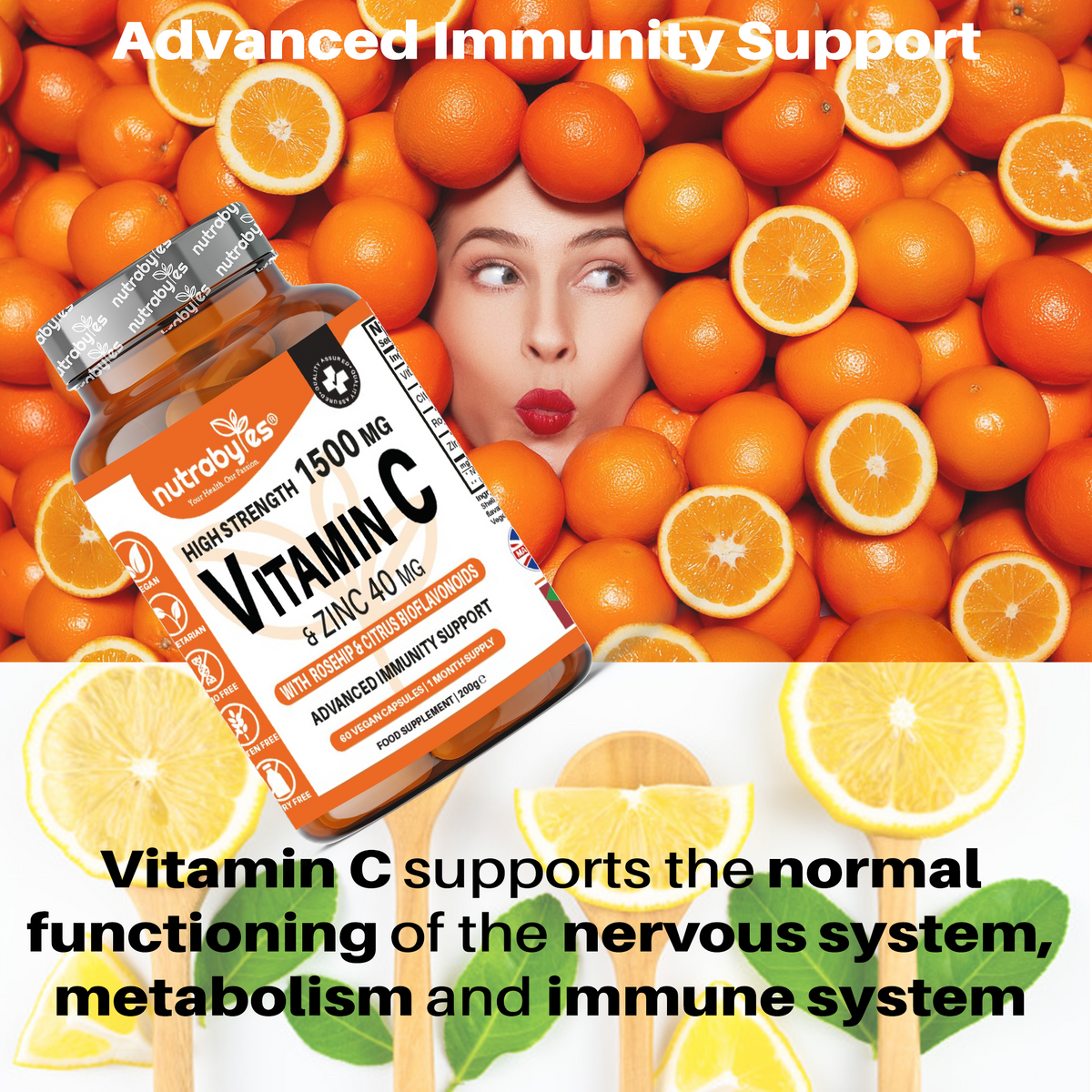 Vitamin C immune-system support infographic for NUTRABYTES capsules