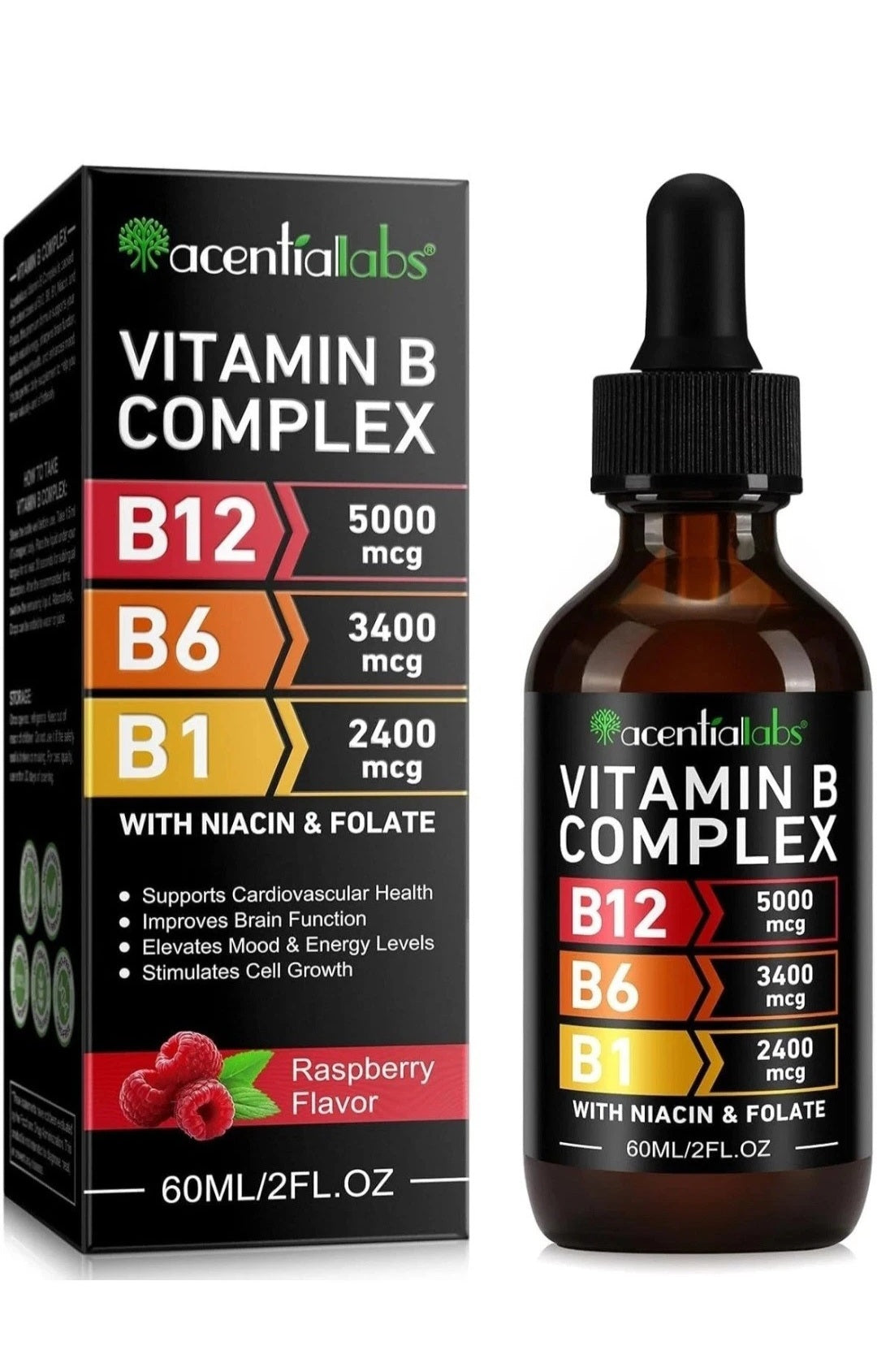 Vitamin B complex bottle with dropper and packaging displaying product details.