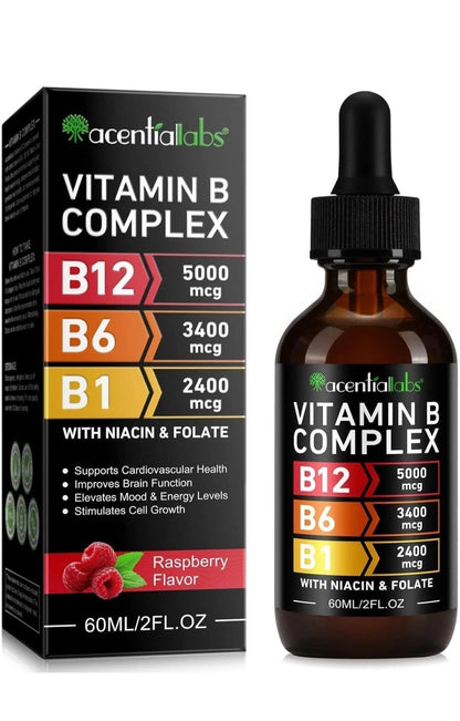 Vitamin B complex bottle with dropper and packaging displaying product details.