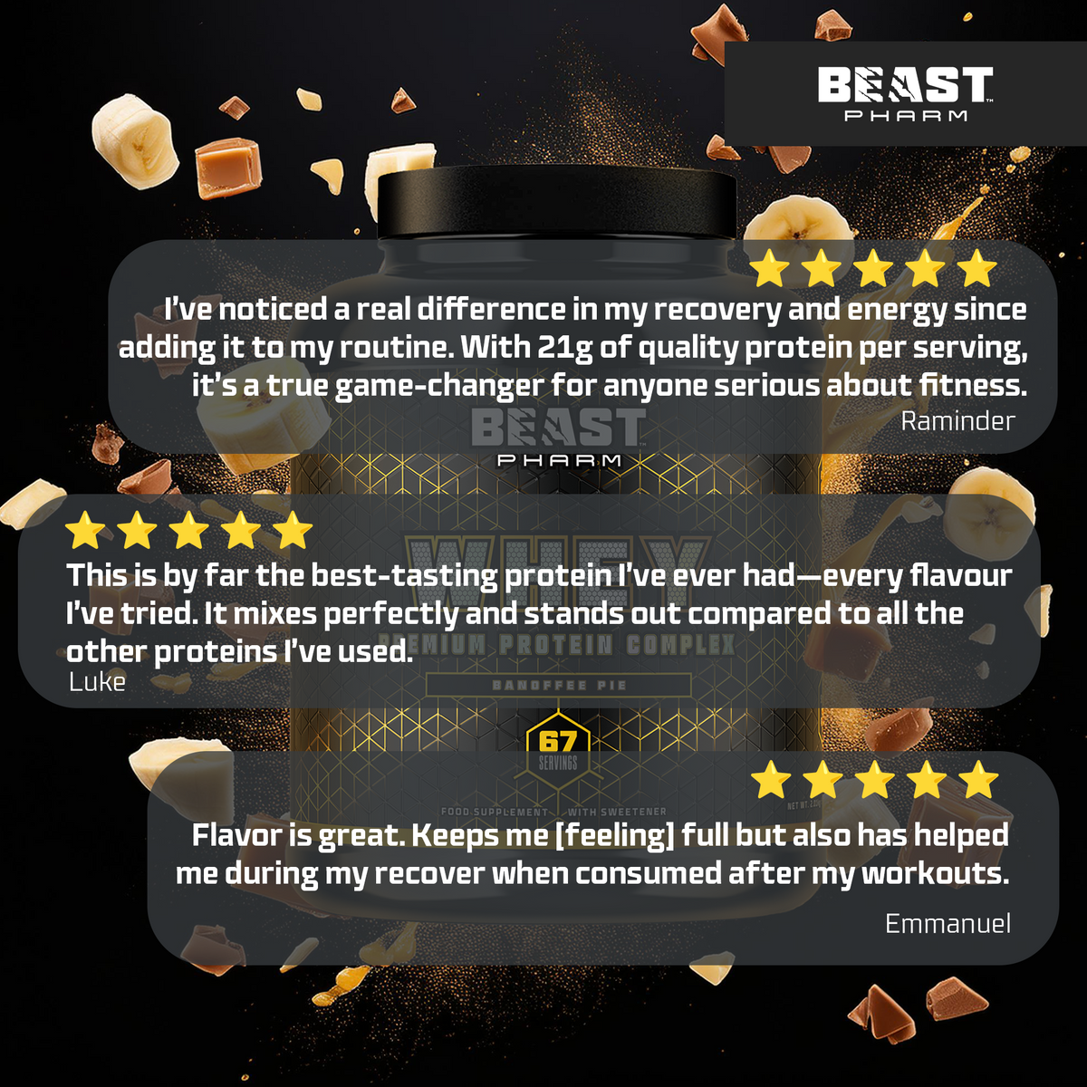 Product packaging with customer testimonials and BEAST PHARM branding on a dark background.