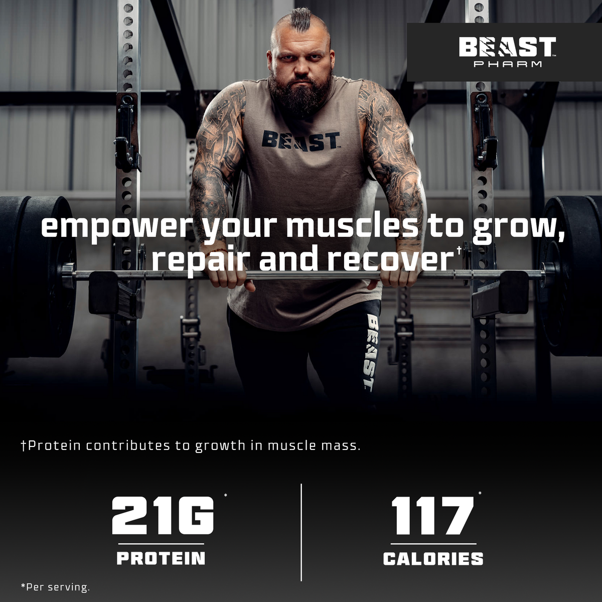Man lifting weights with Beast Pharm branding and protein supplement information.