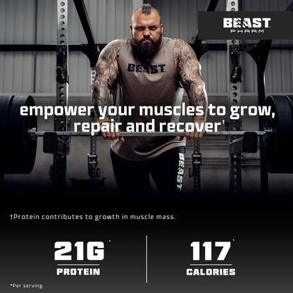 Man lifting weights with Beast Pharm branding and protein supplement information.